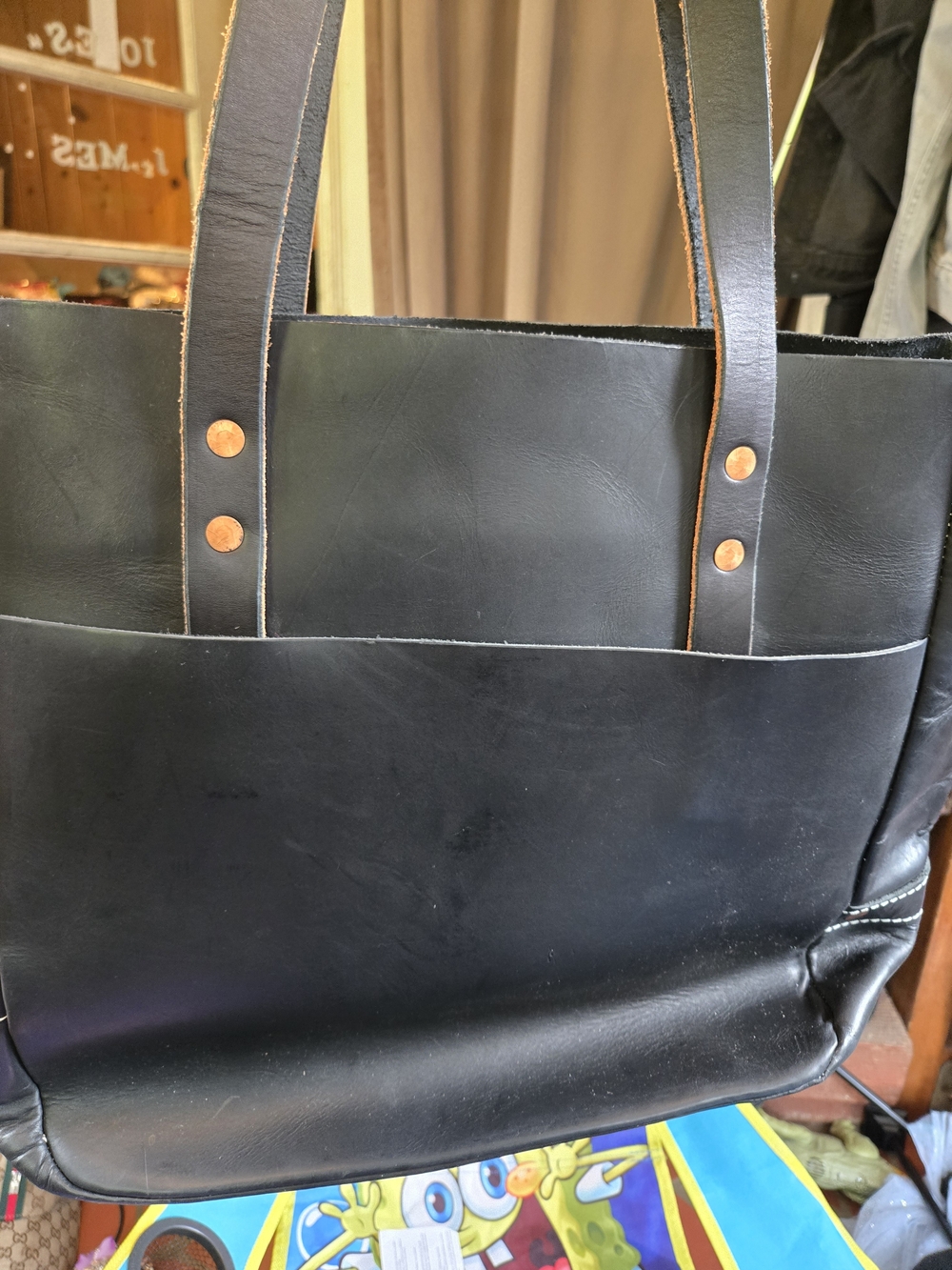 Black Leather Tote Bag with Copper Rivet Details - KMM&CO Bags